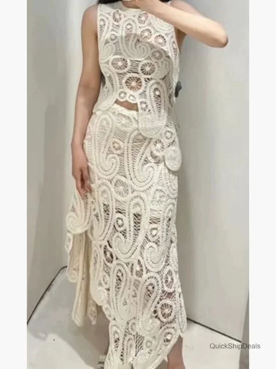 Crochet Knit Two Piece Skirt Set Sleeveless Tank Slim Fit - Picture 6 of 6